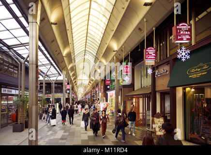 Shinkyogoku covered street shopping district, Teramachi shopping arcade, full of people and stores, Kyoto, Japan 2017 Stock Photo