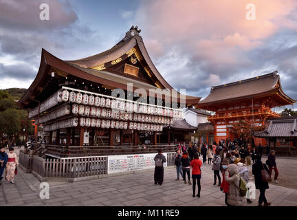 License available at MaximImages.com - Yasaka shrine, Yasaka-jinja main stage in autumn sunset, Japanese Shinto shrine Gion district, Kyoto, Japan Stock Photo