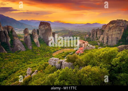 Monastery at Meteora at sunset, Greece Stock Photo