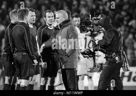 Jose Mourinho and judges, Game moments in match 1/8 finals of the Europa League between FC 'Rostov' and 'Manchester United', 09 March 2017 in Rostov-o Stock Photo