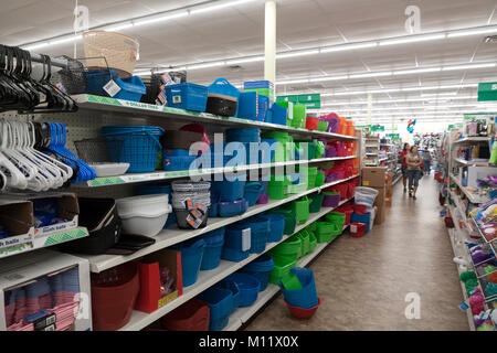 Plastic storage containers and closet products for sale in a Dollar Tree store in Fort Lauderdale, Florida, USA. Stock Photo