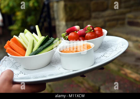 A healthy plate of vegetable canapes with a dip Stock Photo