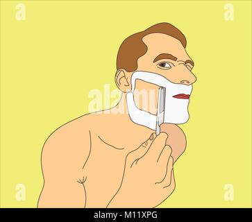 Man shaving razor. Unhappy man shaved half of his face. Vector art in the style of pop art Stock Vector