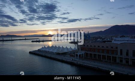 Cruising in the mediterranean sea near the Port of Palermo, Sicily, Italy by sunset and sunrise Stock Photo