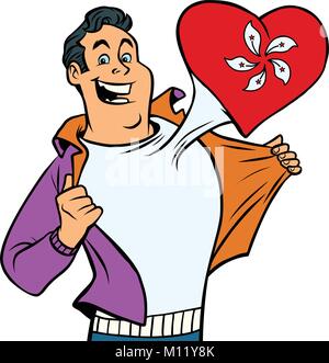 Hong Kong patriot male sports fan flag heart. isolated on white background. Comic book cartoon pop art retro illustration Stock Vector