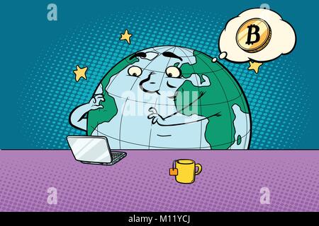 planet character reads the news on bitcoin. Comic book cartoon pop art retro drawing illustration Stock Vector