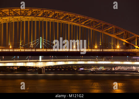 Germany, Cologne, view across the river Rhine to the Hohenzollern bridge, Deutzer bridge and Severins bridge.  Deutschland, Koeln, Blick ueber den Rhe Stock Photo