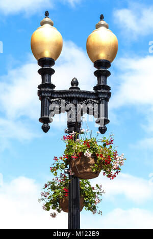 Harvard University street lamps decorated with hanging flower baskets. Cambridge Mass. Close up detail Stock Photo