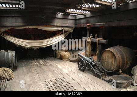 ropes and wood on the pirate ship in Genoa Stock Photo 