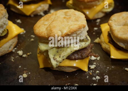 Homemade Breakfast Sausage Egg and Cheese Buttermilk Biscuits Stock Photo