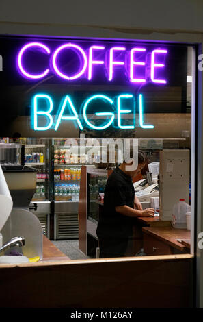Neon lights sign on the window of a coffee shop in Penn Station.New York City.USA Stock Photo