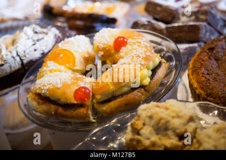 Croissants, buns, cookies and other sweet stuff in bakery Stock Photo