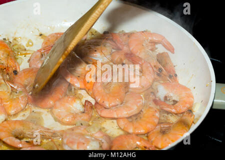 fresh gulf shrimps with garlic fried in olive oil Stock Photo