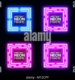 Neon light square banners set. Shining rectangle techno frame collection. Night club electric 3d banner on dark backdrop. Blue violet neon abstract background with glow. Technology vector illustration Stock Vector