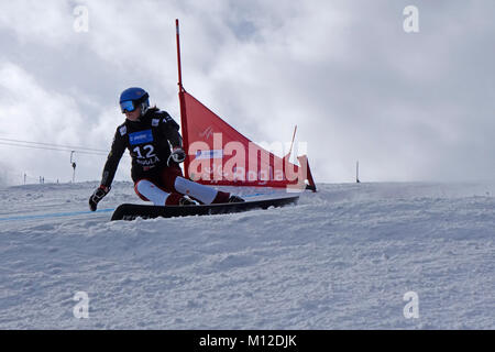 Stefanie Mueller of Switzerland competes in the Snowboard Ladies' Parallel Giant Slalom Qualification. Rogla ski resort, Slovenia Stock Photo