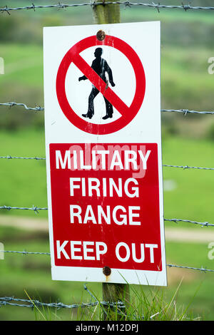 Military firing range warning sign near Tyneham in Dorset, England, UK Stock Photo