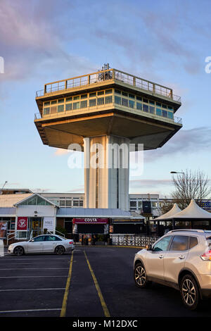 The grade II listed tower at Lancaster Forton service northbound on the M6 motorway Stock Photo