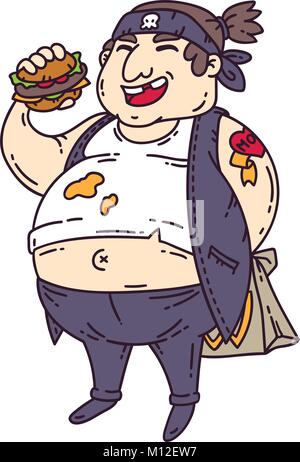 Fat man with burger. Obese character. Cartoon vector illustration. Isolated objects on white background. Stock Vector