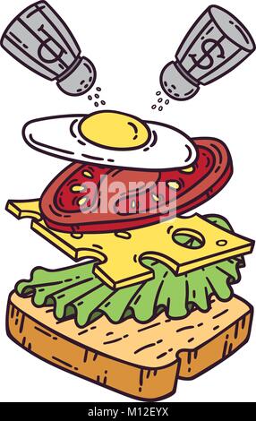 Sandwich with egg. Isolated objects on white background. Vector illustration. Stock Vector