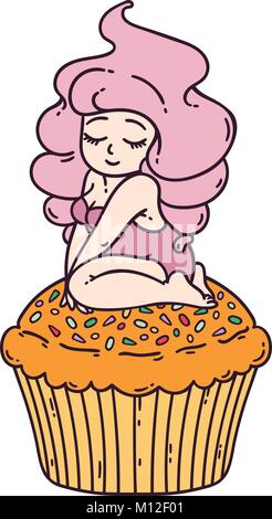 Cute girl on cupcake. Isolated objects on white background. Vector illustration. Stock Vector