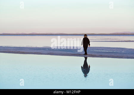 Woman walking on a spit of land extending out into shallow salt water at the Bonneville Salt Flats, in BLM's Special Recreation Management Area west o Stock Photo