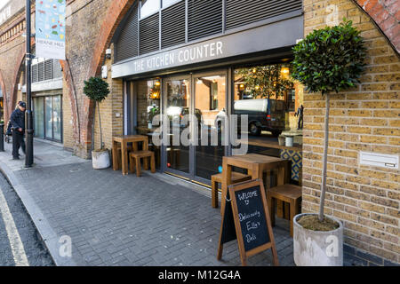 The Kitchen Counter deli restaurant in a railway arch in Herne Hill owned by Ella and Matthew Mills is part of the Deliciously Ella brand. Stock Photo