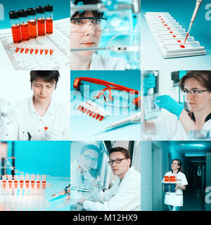 Scientists working with various samples, collage