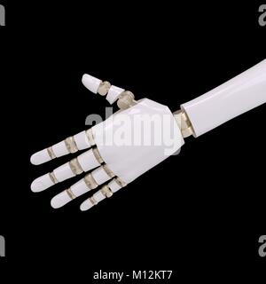 Shake hand of robot as a symbol of connection between people and artificial intelligence technology. futuristic design concept. isolated on black back Stock Photo