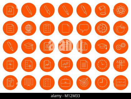 For a school site or booklet, a set of thirty-five vector line round monochrome icon icons, color change in one click Stock Vector