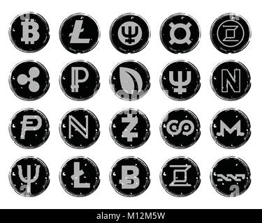 Twenty vector black and white icons with images of various symbols of digital crypto currency, such as bitcoin. Stock Vector