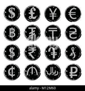 Sixteen black and white vector grunge icons with images of modern currency symbols of various countries, for exchange offices. Stock Vector