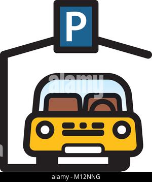 Yellow Passenger Car Parked in covered parking space. Linear vector illustration with editable line. EPS10 Stock Vector