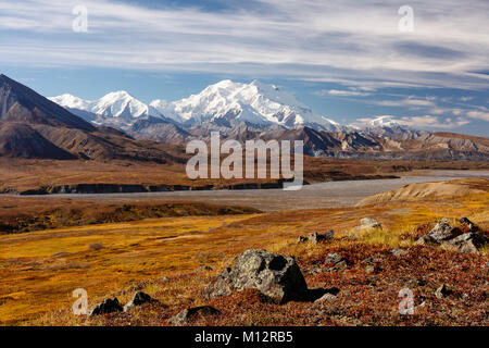 Scenic view of Denali (formerly Mt. McKinley) from Thorofare Pass in Denali National Park in Interior Alaska. Stock Photo