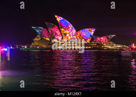 Sydney Opera House illuminated at VIVID light Festival 2017, Circular Quay, Sydney Stock Photo