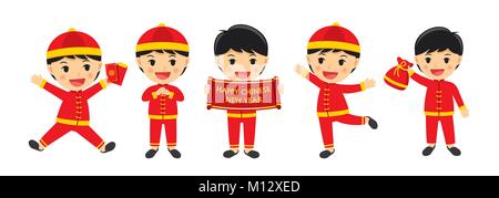 Happy chinese new year boy in traditional clothes celebrate. Set of character cartoon isolated on white background. Stock Vector