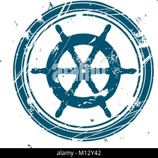 Maritime stamp with vintage steering wheel of sail ship Stock Vector