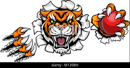 Tiger Holding Cricket Ball Breaking Background Stock Vector