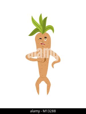 Mandrake root thumbs up and winks. Merry Legendary mystical plant in form of man. Stock Vector