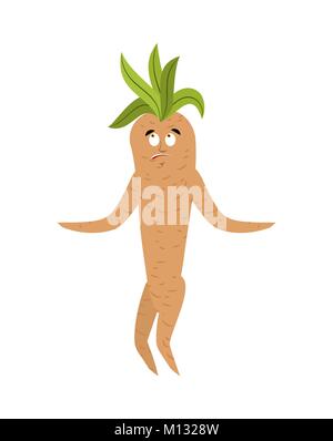 Mandrake root confused oops. Surprise Legendary mystical plant in form of man. Stock Vector