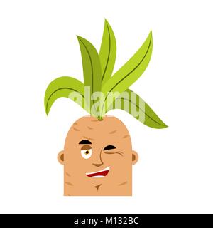 Mandrake root wink emoji. Merry Legendary mystical plant in form of man. Stock Vector