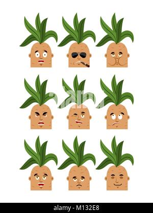Mandrake root set emoji avatar. sad and angry face. guilty and sleeping. Legendary mystical plant in form of man seafarer Smoking cigar emotion face Stock Vector