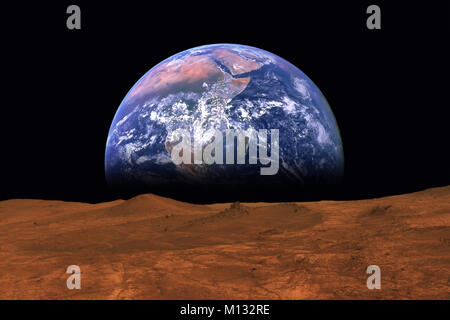 Imaginary view of earth rising from the horizon of plant Mars. Elements of this image are furnished by NASA Stock Photo