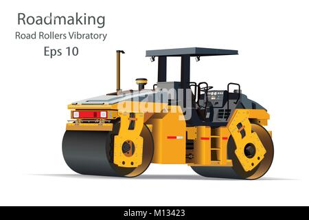Road Rollers Vibratory a motor vehicle with a heavy roller, Heavy machinery used in roadmaking on white background. vector illustration. Stock Vector
