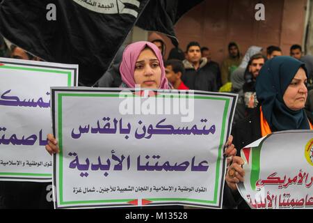 Gaza, Palestine. 26th Jan, 2018. Palestinians take part in a protest against US President Donald Trump's decision to recognize Jerusalem as the capital of Israel in Jabalia in the northern Gaza Strip. Credit: Ramez Habboub/Pacific Press/Alamy Live News Stock Photo