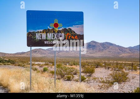 NEW MEXICO, USA - OCTOBER 26, 2017:  Welcome to New Mexico sign along the highway at the state border. Stock Photo