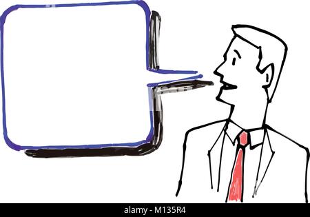 A business man wearing a red tie and suit looking off to the left towards a speech bubble with space for copy in the style of a whiteboard drawing Stock Vector