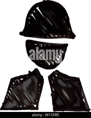 An illustration of business man, surveyor, mechanic, engineer or construction working wearing a hard hat and suit in style of a white board drawing Stock Vector