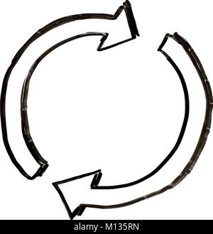 An illustration of two half circles with arrow heads spinning or turning or rotating clockwise in the style of a white board drawing Stock Vector
