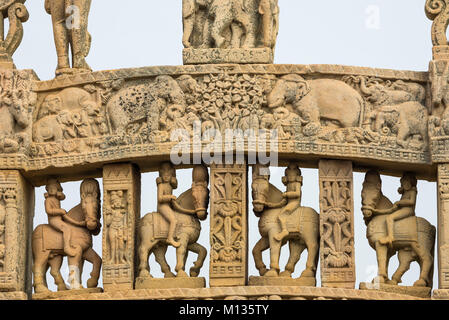 Sanchi Stupa, ancient buddhist hindu statue details, religion mystery, carved stone. Travel destination in Madhya Pradesh, India. Stock Photo