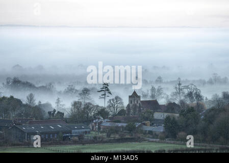 Firle,, East Sussex. 26th January 2018. Morning mist in the South Downs National Park, near Firle, East Sussex, on a bright but cold day in the South Credit:  Peter Cripps/Alamy Live News Stock Photo